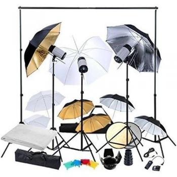 Kit Photo 3 flashes, 9 Paraguas, Fondos anuncio