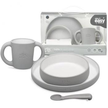 Set de Vajilla Infantil 5 Piezas Libre de BPA - Plato, Bol, Taza Aprendizaje y Cuchara - Apta para Microondas y Lavavajillas - Gris - De 6 a 36 Meses