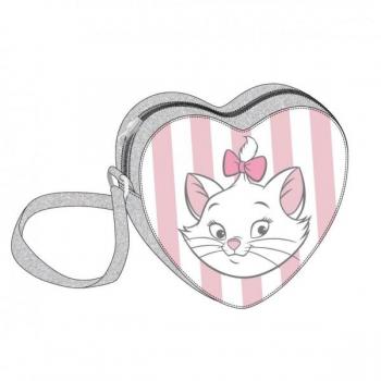 Bolso Bandolera Personaje Disney Marie, de Los Aristogatos, modelo 77738, con diseño en forma de corazón, fabricado en material resistente y ligero, cierre principal con cremallera, correa ajustable y estampado color