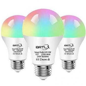 BRTLX Bombilla WiFi Inteligente E27 LED Lámpara 9W 800LM RGB Regulable Compatible Amazon Alexa y Google Home Control Remoto por Dispositivos iOS/Android,No Requiere Hub,3Unidad