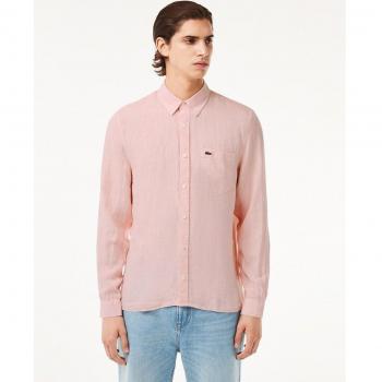 Lacoste Men's Long Sleeve Minimal Linen Casual Shirt - Pink, Size L