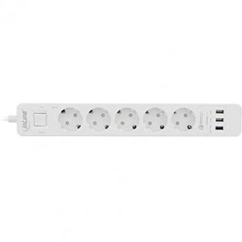 Regleta de enchufes 5 tomas con protección contra sobretensiones y USB QuickCharge, 1,5m, blanca