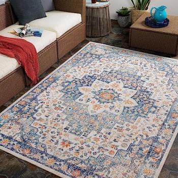 Surya - Alfombra de Exterior/Interior Vintage Oriental Azul y Beige 120 x 170 cm, Resistente a los Rayos UV y a Las Manchas, Ideal para Terraza, Balcón y Cocina