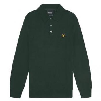 Lyle & Scott Men's Green Cotton Merino Long Sleeve Knitted Polo Shirt - Medium