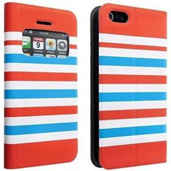 niceeshop(TM) Rojo/azul/blanca Funda Carcasa Case de Cuero de Soporte Plegable de Polvo Brillo Raya de Ventana Viata con Tarjeta para iPhone 5 5S con una protector de pantalla