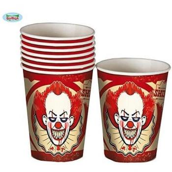 FIESTAS GUIRCA 8 Vasos Payaso Asesino para decoración de Halloween en cartón 20 cl