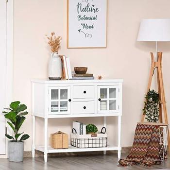 HOMCOM Mesa de Consola Mesa Auxiliar de Cocina Multifuncional con 2 Armarios Cerrados 2 Cajones y Estante Gran Espacio Estilo Elegante 96x38x89 cm Blanco