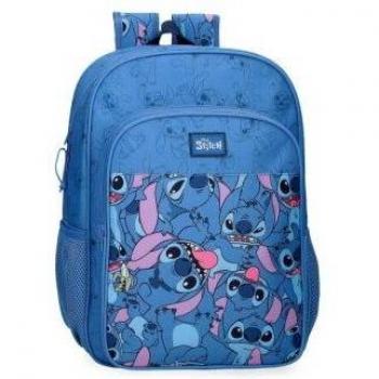 Mochila escolar Stitch Happy con bolsillo frontal de 40 cm en azul, ideal para niños y niñas.
