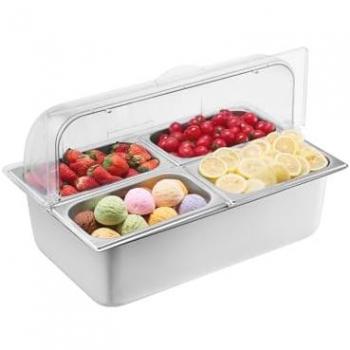 VEVOR Stainless Steel Countertop Refrigerated Saladette with 4 Serving Trays, Clear Lid, and 3 Ice Pans for Restaurant and Catering