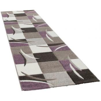 Alfombra De Diseño Moderna Contorneada En Colores Pastel Con Estampado Cuadriculado En Beige y Lila 80x300 cm