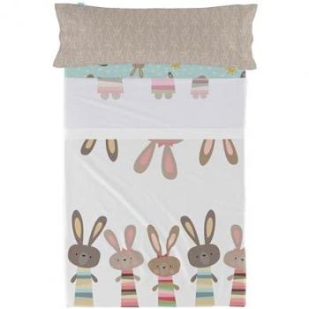 Juego de Sábanas Rabbit Family 2 Piezas Multicolor | 100% Algodón | 150 TC | 180x270 cm (Cama 105) | Fabricado en España