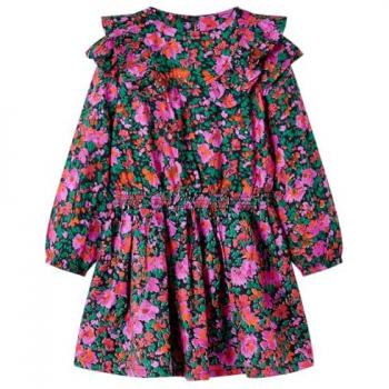 Vestido Infantil de Manga Larga Rosa Chillón con Escote Redondo 116