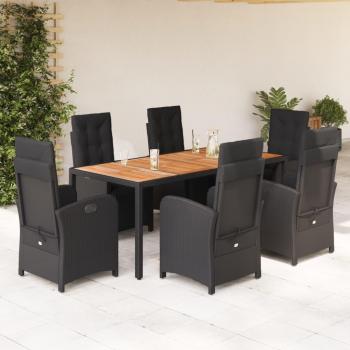 Set de Comedor de Jardín 7 Piezas con Cojines en Polyratán Negro