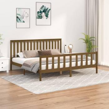 Cama con cabecero de madera maciza de pino en color miel, dimensiones 200x200 cm