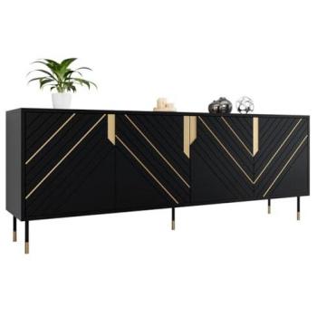 Aparador Charlotte P101, 204 x 72 x 40 cm, Aglomerado Laminado y MDF, Color Negro con Detalles Dorados