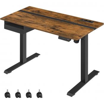 Escritorio eléctrico ajustable en altura 60x120 cm con ajuste continuo, 4 memorias de altura, toma de enchufe y USB integrado, disponible en blanco, marrón rústico y roble