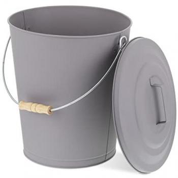 Cubo de Cenizas con Tapa 24L, Accesorio para Chimenea y BBQ, Acero y Madera, Contenedor Gris con Asa