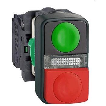 Pulsador Doble Iluminado Verde y Rojo Harmony XB5, 1NO/1NC, Montaje en Panel, 24V, IP66