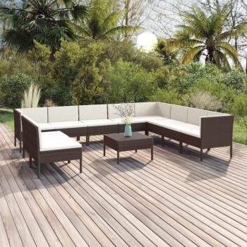 11-Piece Brown Poly Rattan Garden Lounge Set with Cushions