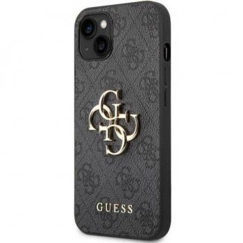 Guess Funda Dura para iPhone 14 de 6.1 en color gris con gran logotipo metálico, modelo GUHCP14S4GMGGR