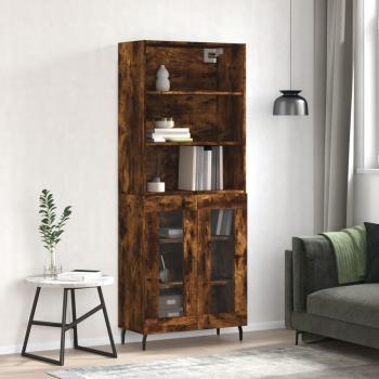 Aparador alto de madera contrachapada 69,5x34x180 cm en roble ahumado con 2 puertas de cristal, mueble de almacenaje para salón, buffet y armario auxiliar