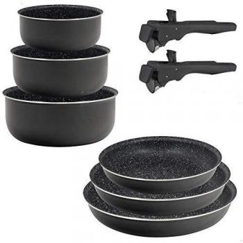 Bergner PK1527 Set 8pcs Click & Cook: 3 sartenes 20/22/26 + 3 cazos/cacerolas 16/18/20 CON 2 mangos Click&Cook, Aluminio prensado
