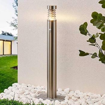 Lindby Piper bolardo luminoso con sensor, lámpara para exterior moderna en gris, hecha de acero, 1 llama E14, ideal para iluminación de senderos y baliza
