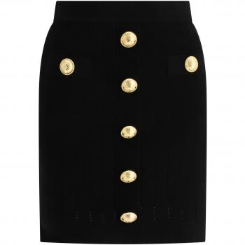 Balmain Women's Black Ribbed Knit Mini Skirt with Buttons - Size XS