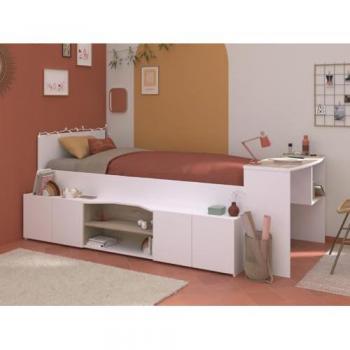 Cama combinada 90 x 190/200 cm con escritorio y almacenamiento - Blanco y natural + Somier + Colchón - JOCHIANE