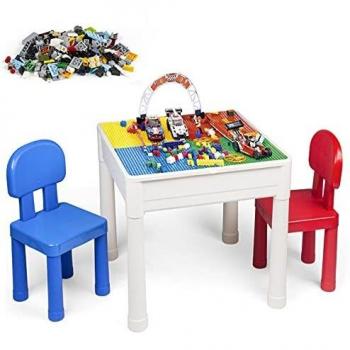 LADUO Juegos de Mesa y sillas niños, 200 Piezas Mini de Bloques de construcción de Juguete, Mesa de Juego/Mesa de Aprendizaje 5 en 1 Incluye 2 sillas y Mesa de Bloques de construcción