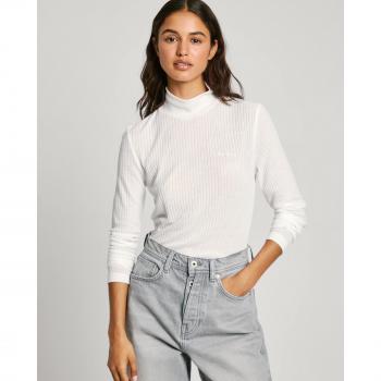 Pepe Jeans Women's Long Sleeve Ribbed T-Shirt - Flory Mousse White