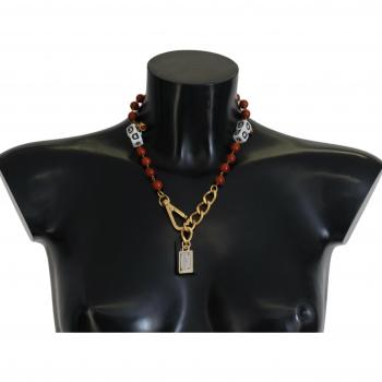 Gold Brass Pearl Logo Lobster Statement Necklace