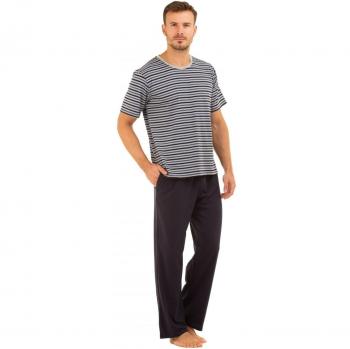 Haigman - Conjunto de pijama de pantalón largo para hombre - Algodón - Camiseta a rayas - Azul marino L/XL