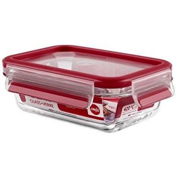 Emsa Clip & Close Conservador Hermético de Cristal de borosilicato Rectangular, higiénico, no retiene olores ni sabores 100% Libre de BPA, Transparente y Rojo, 0.5 L