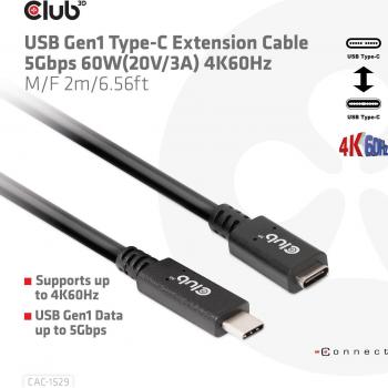 Cable de Extensión USB-C Club3D CAC-1531 M/F 1M, 5Gbps, 4K a 60Hz