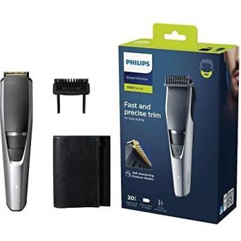Recortadora de Barba y Patillas Philips Serie 3000 para Hombres - 20 Ajustes de Longitud, 60 Minutos de Autonomía, Cuchillas Metálicas Autoafilables, Color Plata
