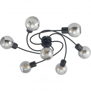 Plafón de techo Lindby Ciala, moderno, 7 luces E14, color negro, material metal y cristal ahumado, ideal para salón y comedor