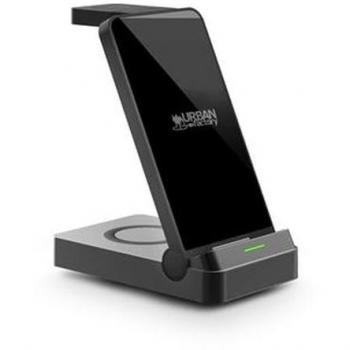 Cargador 3 en 1 Urban Factory Powee Pro con función de soporte para Smartphone, Smartwatch y Auriculares 22.5 W Negro