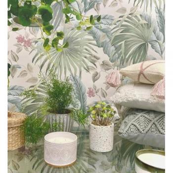Papel Pintado Vinílico Tropical Hojas de Palmera Verde Azul y Marfil Claro - Polynesia Paradise 682839 - Rollo 10 m x 0,53 m
