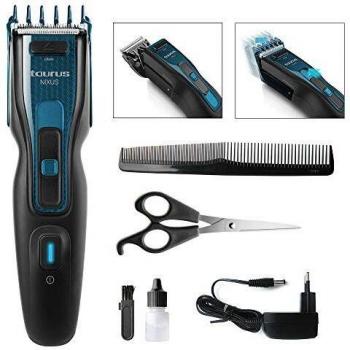 NIXUS Taurus Cortapelos con peine, guía de 7 posiciones, uso con y sin cable, cuchillas de acero inoxidable, cabezal desmontable para limpiar fácil, incluye set de peluquería con bolsa de almacenaje