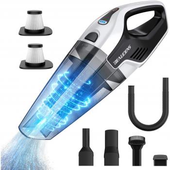 BEAUDENS Aspirador de Mano sin Cable Potente 8KPa, Aspirador seco y húmedo con 5 Herramientas de vacío y 2 filtros HEPA, 2200 mAh 14.8 V, 100W