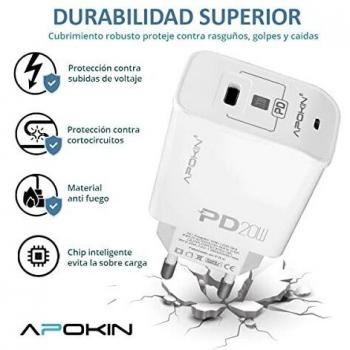 APOKIN® Cargador Tipo C 20W Adaptador Carga Rapida Xiaomi Redmi Note 8 Pro, Note 9 Pro, Samsung A12, S20, S21, S22, OPPO, Realme, TCL, Alcatel, Vivo, ZTE, LG con Cable 1 Metro