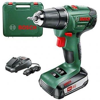 BOSCH 06039A3100 - Atornillador con batería de litio PSR 1800 LI-2. 18 V 1,5 Ah. Dos velocidades. Par de giro 20+1. Luz de trabajo. Máx 38 Nm. Syneon Chip con 1 batería 18V 1,5 Ah. Cargador AL 2215 CV. Punta doble. Maletín.