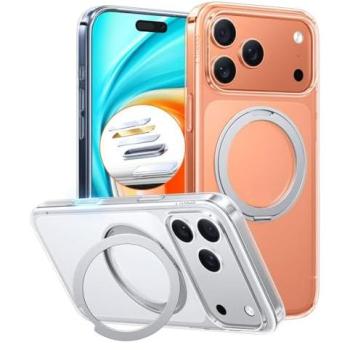 Funda Torras Ostand Pro Series para iPhone 17 Pro Max, Transparente, TPU+PC, con Soporte Giratorio 360° y Compatible con MagSafe