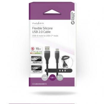 Cable USB 2.0 de Carga y Sincronización USB-A a USB-C, 1.5 m, 15 W, 480 Mbps, Niquelado, Silicona Negra