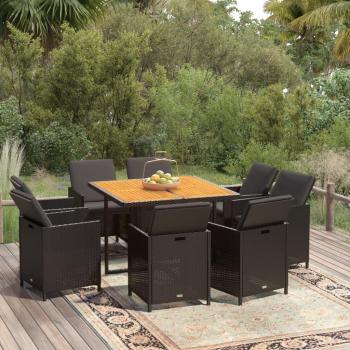 Set de comedor de jardín 9 pzas con cojines de ratán sintético negro