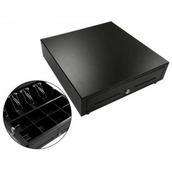 Cajón Portamonedas Eléctrico Negro 410x415x110 mm con 8 Compartimentos para Monedas, 4-5 Compartimentos para Billetes y Ranura Frontal de Seypos HS410