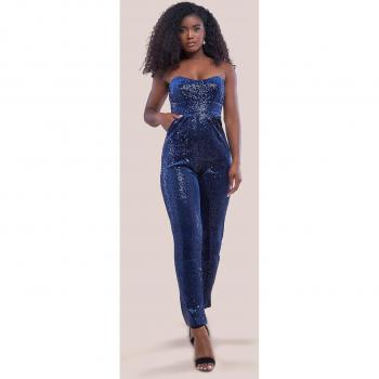 Goddiva Sequin & Velvet Corset Jumpsuit - Navy