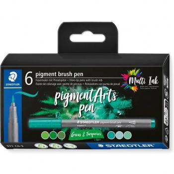 Staedtler 371 Pack de 6 Rotuladores con Punta de Pincel Suave - Tinta Multi Ink No Amarilleante - Pigmentos de Alta Calidad - Colores Verdes y Turquesas Surt