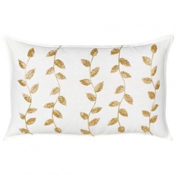 Cojín Decorativo Rectangular Bordado a Mano en Algodón Blanco y Oro 30 x 50 cm con Motivo de Hojas y Cubierta Desmontable